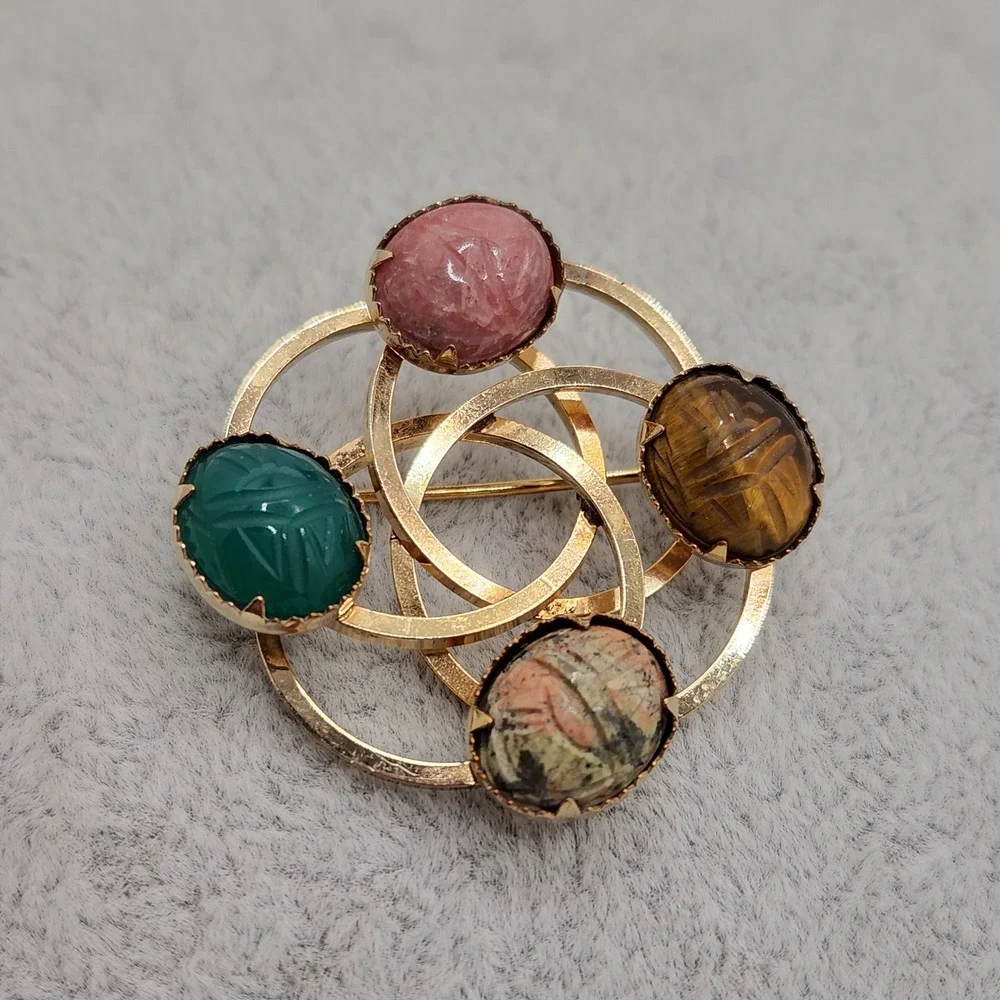 Vintage 12K Gold Filled Scarab Multi Gemstone Egyptian Revival Brooch by Bal Ron